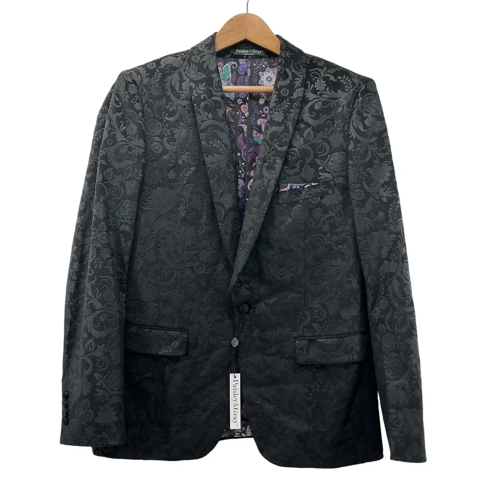 Paisley & Gray Slim Fit Black Floral Velvet Jacquard Blazer Jacket 42R NWT